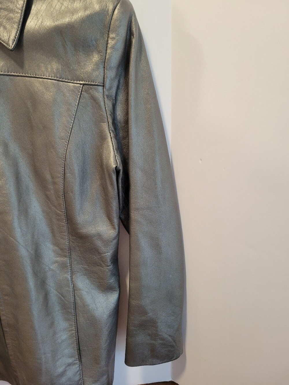 VTG Alfani Sz S Metallic Silver Genuine New Zealand Lamb Leather Zip Jacket Y2K - Picture 7 of 11